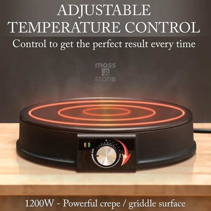 Moss & Stone 12” Electric Crepe Maker Machine, Griddle Nonstick Crepe Pan | Adjustable temperature, quick heat-up, even heating, non-slip feet, spreader & spatula included, for pancakes & tortillas
