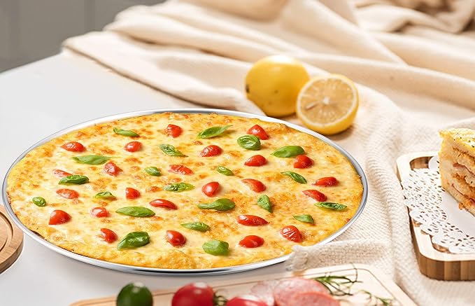 P&P CHEF Pizza Pan Set of 2, 13.5 Inch Stainless Steel Pizza Tray, Silver | 2 Pieces Round Pizzas Plate for Pie Cookie Cake, Good For Baking Cooking Roasting, Non Toxic & Heavy Duty, Dishwasher Safe