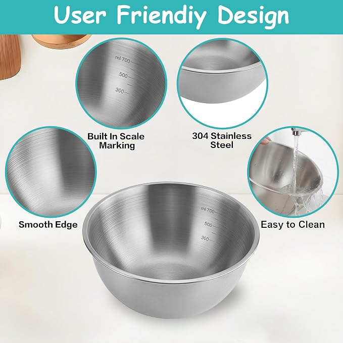 12 Pcs 304 Stainless Steel Mixing Bowls with Graduations, Metal Serving Salad Bowls, Reusable Baking Food Storage Containers for Baking, Cooking, Making Salads, Soups, Ice Cream, Noodles, cereal