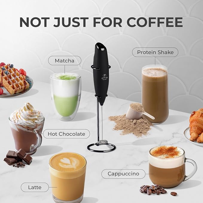 Zulay Kitchen Powerful Milk Frother Wand With Duracell Batteries - Ultra Fast Handheld Drink Mixer - Electric Whisk Foam Maker for Coffee, Lattes, Cappuccino & Matcha - Z1 Motor - Executive Black