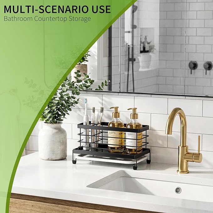 Cisily Sponge Holder for Kitchen, Sink Caddy Organizer, Kitchen Sink Accessories with Drip Tray, Rustproof and Non-slip Kitchen Sink Sponge Holder (Black)