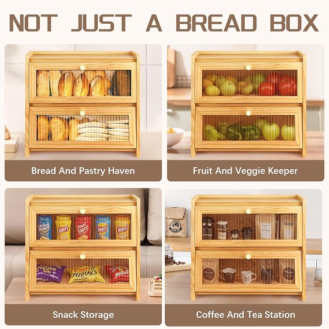 VEDALIO Bread Box For Kitchen Countertop, Corner Breadbox, Bread Boxes for Kitchen Counter Organizer Decor Storage, Wooden Storage Box Breadbox, Housewarming Birthday Wedding Christmas Gift