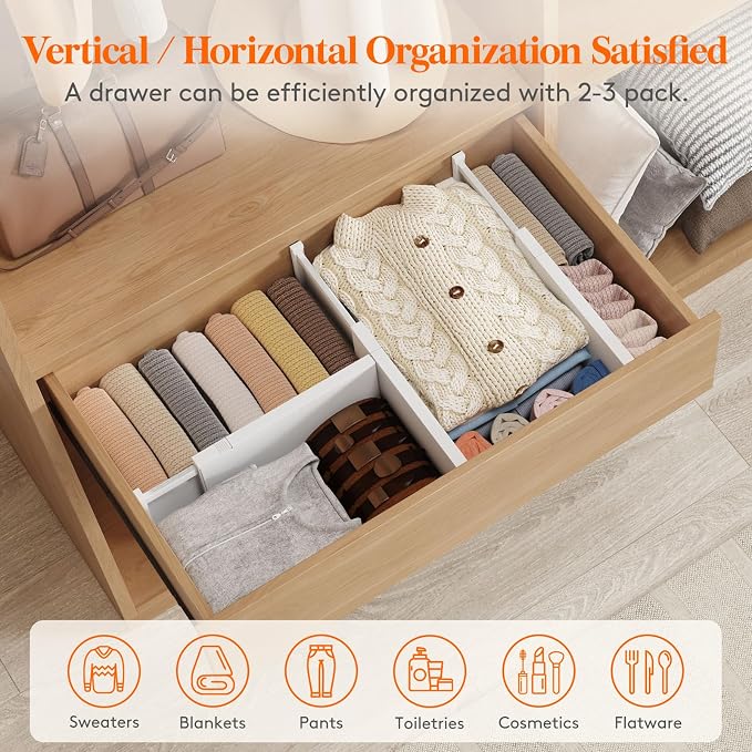 Lifewit 6" Tall Upgrade Drawer Dividers, Adjustable Deep Drawer Organizer | 13.5"-22" Expandable White Drawer Separator for Clothes, Dresser/Kitchen/Closet/Bedroom/Office Organization & Storage, 6 Pack
