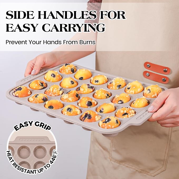 2 Pcs Silicone Muffin Pans for Baking with Metal Reinforced Frame, Nonstick Cupcake Tray for Oven, 24 Cups Mini Size Silicone Molds for Egg Bites, Dishwasher Safe (Brown, Cream)