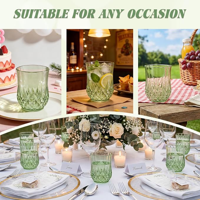 24 Pack Plastic Stemless Wine Glasses, 12oz Unbreakable Wine Cups | Reusable Fancy Vintage Drinking Glass Bulk for Cocktail, Whiskey, Juice, Elegant Decor for Wedding, Party & Holiday Events