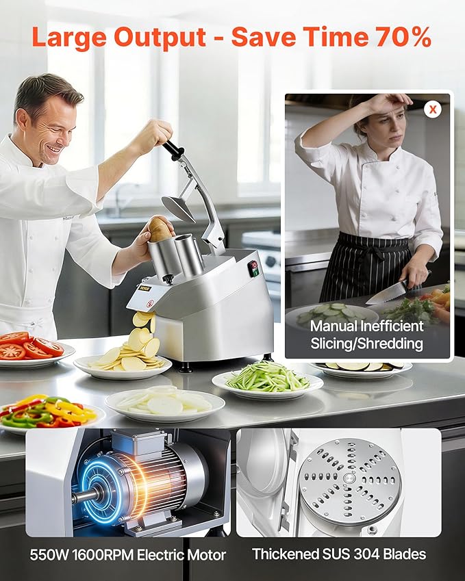 VEVOR Commercial Food Processor 550W Electric Vegetable Slicer 6 Blades | 2 Feeding Holes, 1600 RPM Stainless Steel Vegetable Processor, Interchangeable Blade, 3mm/4mm/7mm Shred and 2mm/4mm Slice