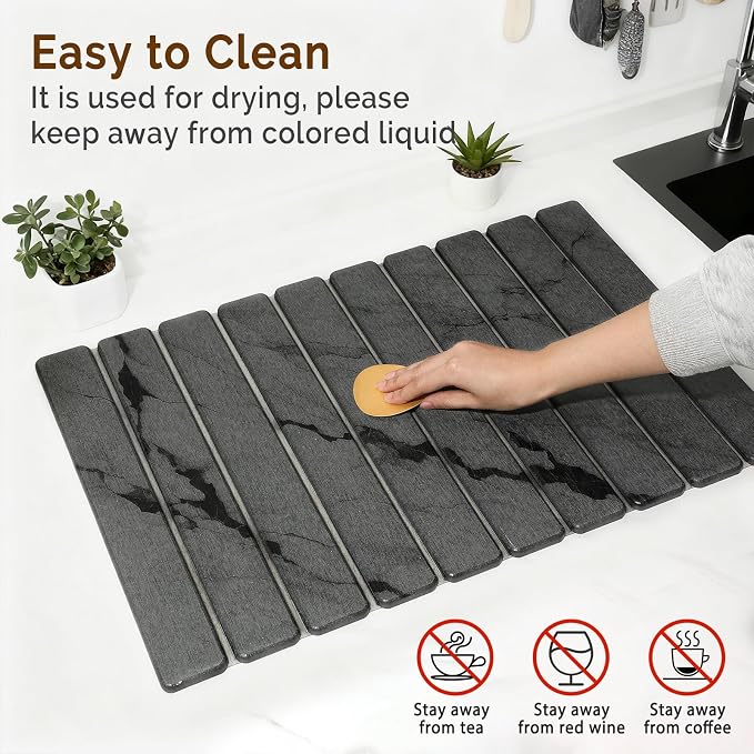 Large Stone Dish Drying Mat for Kitchen Counter, Quick Dry Stone Dishes Mats, Foldable Water Absorbing Diatomaceous Drying Pad for Countertop Bottles Utensils Cups Bathroom (Dark Gray 24"x16")