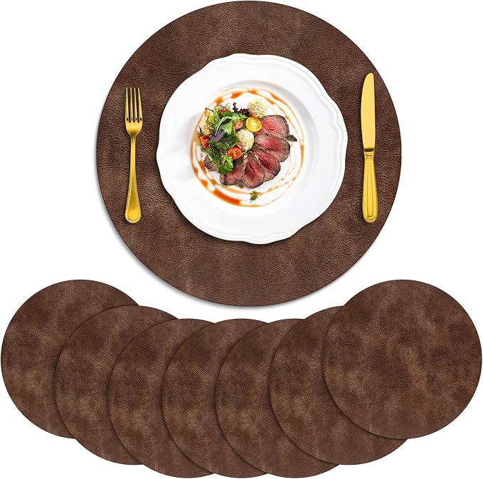 ADRIMER Placemats, Heat Resistant Round Placemats Set of 8 Washable, Waterproof Table Mats, Wipeable Faux Leather Place Mats for Kitchen, Dining Room, Brown