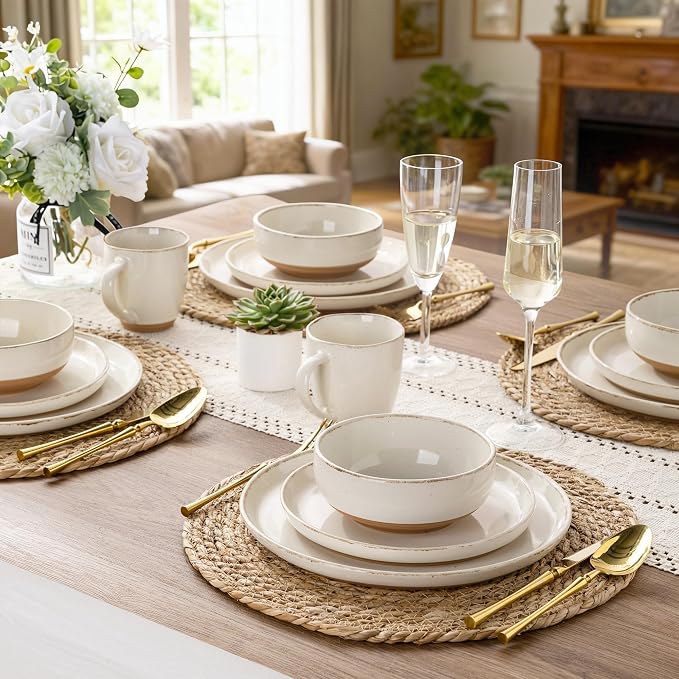 AmorArc Dinnerware Sets for 8, 32 Pieces Ceramic Plates and Bowls Set | Scratch Resistant Stoneware Dishes Set, Dishwasher & Microwave Safe, Light Beige