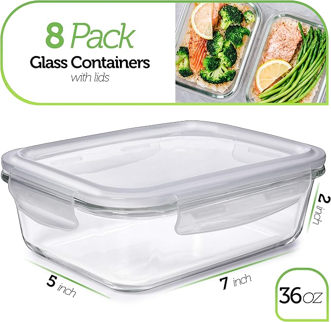 PrepNaturals 8 Pack 36oz Glass Meal Prep Containers - 1 Compartment | Square Borosilicate Glass Meal Prep Containers - Airtight Leak-Resistant Lids, Microwave, Oven & Freezer Safe (8-Pack, 36 oz)