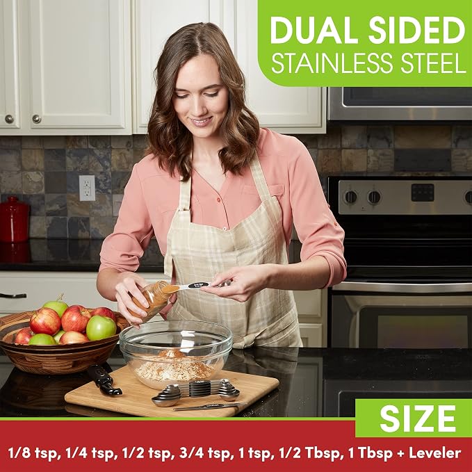 Spring Chef Stainless Steel 8 Magnetic Measuring Spoons Set, 2 Pack, Black | Dual Sided Metal Teaspoon & Tablespoon Measuring Spoons with Leveler for Dry & Liquid Ingredients, Nesting, Dishwasher Safe