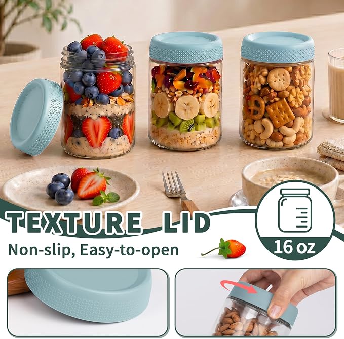 16 oz Glass Jars with Airtight Lid, Overnight Oats Container, Mason Jars | 6 Pack Parfait Cup With Lids for Breakfast, Clear Glass Jars for Storage, Sugar, Prep Meal, Food, Pudding, Spices, Blue