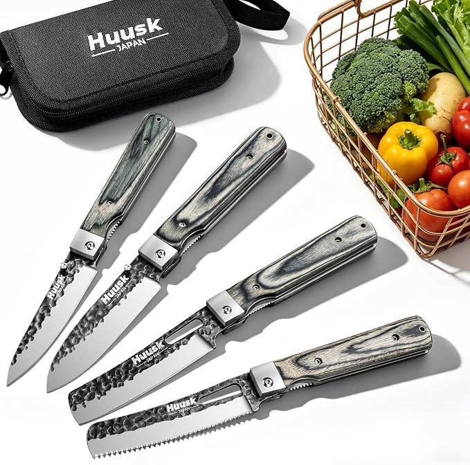 Huusk Folding Chef Knife Set - Japanese Pocket Knife Set | Including Nakiri, Santoku, Bread and Fruit Knives, Hand Forged Blade, Wooden Handle, Gift Box