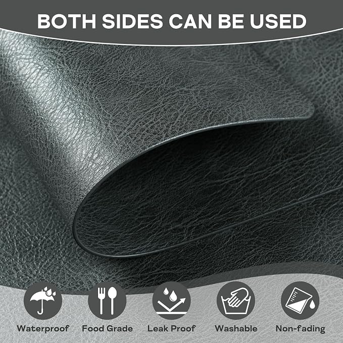 Faux Leather Placemats Set of 6 Heat Resistant Table Mats 17×12 Inch | Waterproof & Wipeable Place Mats Set of 6 Dual Sided Table Placemats for Kitchen Dining Indoor & Outdoor 43×30 CM Dark Grey