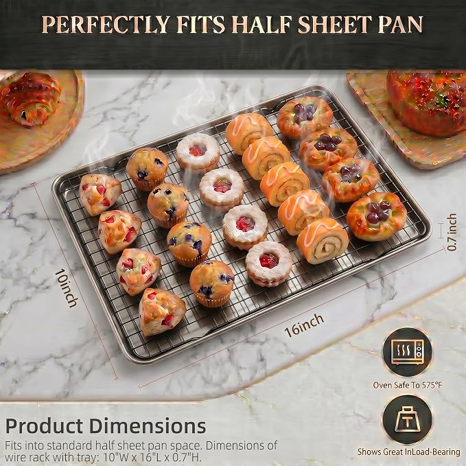 Cooling Racks for Cooking 2-Pack, 10" x 16" No Warp Heavy Duty Metal Wire Rack - Fits Half Sheet & Jelly Roll Pan, Oven & Dishwasher Safe 575°F, Rust Resistant, for Baking, Roasting & Grilling