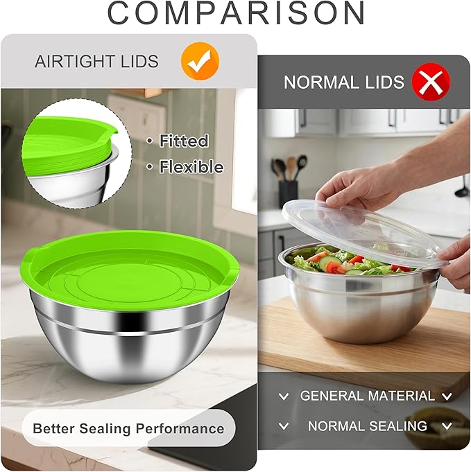 HaWare Mixing Bowls with Airtight Lids, 6-Piece Stainless Steel Salad Bowls | Strong Nesting Bowls for Cooking, Prepping, Baking, Serving & Food Storage, Stackable Design, Size 4.6, 3, 1.5QT, Colorful