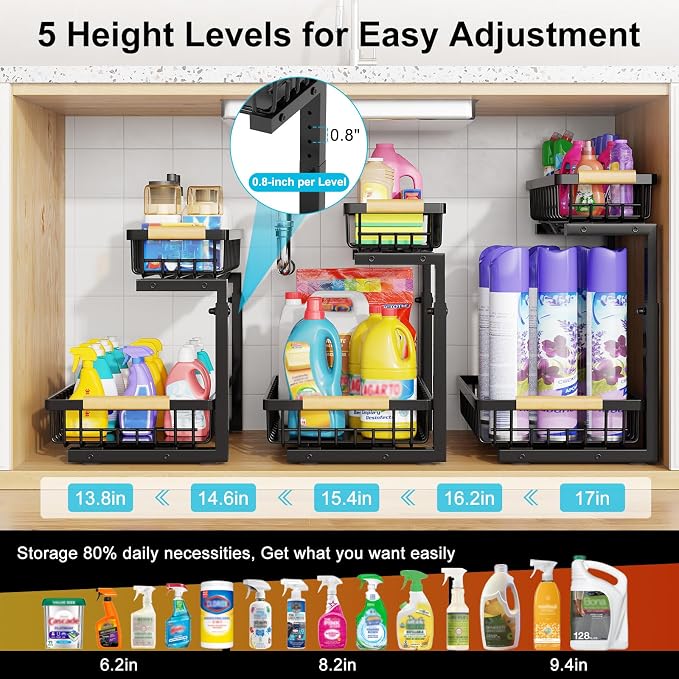 Under Sink Organizer 2 Pack, Adjustable Height 2-Tier Pull Out Cabinet Organizers, Heavy Duty Metal Slide Out Drawers, Under the Sink Organization and Storage Shelf for Kitchen Bathroom Pantry, Black