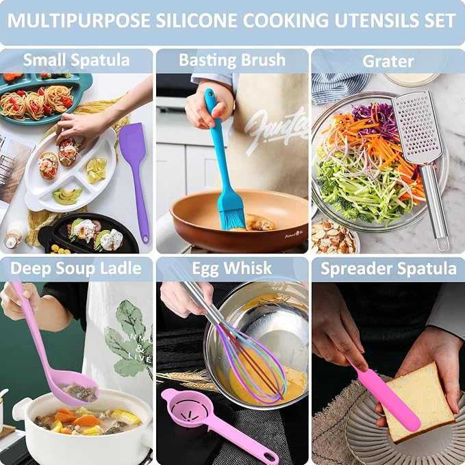 Silicone Kitchen Utensils Set, 16-Piece Silicone Cooking Utensils by Deedro | Heat Resistant Kitchen Tools Set with Holder, Nonstick Spatula Kitchen Gadgets for Cooking & Baking, Colorful