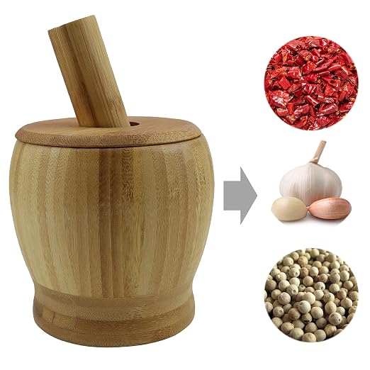 EIKS Bamboo Mortar & Pestle with Lid, Seasoning Crusher Bowl | For Grinding Garlic, Spices, Herb, Ginger, Peppercorns, Sesame, Kitchen Tool