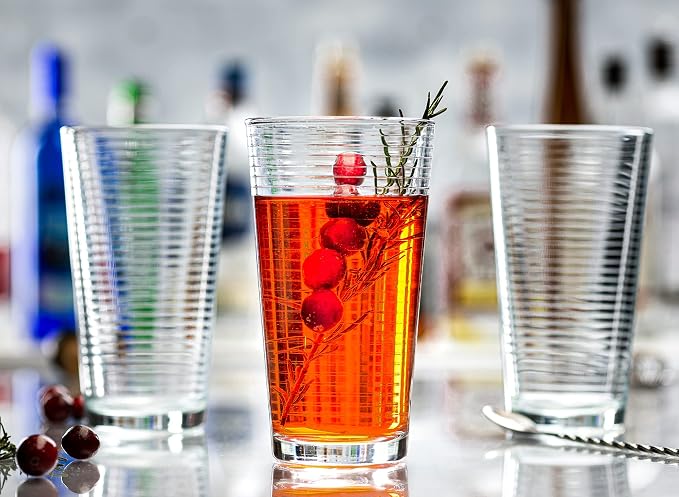 Le'raze Set of 16 Heavy Base Ribbed Durable Drinking Glasses Includes 8 Cooler Glasses (17oz) and 8 Rocks Glasses (13oz), Clear Glass Cups - Elegant Glassware Set