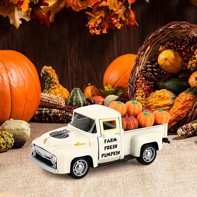 Hooqict Fall Pumpkin Truck Thanksgiving Decor with 8 Pumpkins Mini Metal Truck Vintage Pickup Car Model for Fall Autumn Harvest Thanksgiving Table Decorations Kitchen Farmhouse Tiered Tray Decor