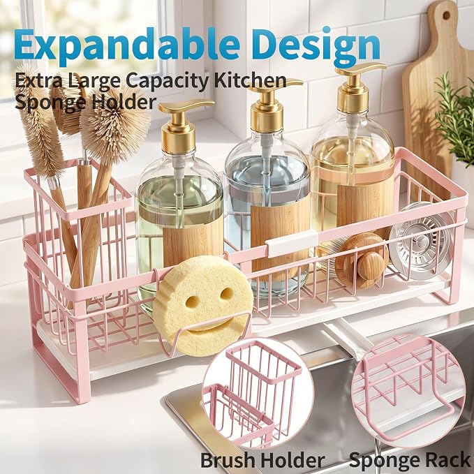 Extra Large Extendable Sponge Holder for Kitchen Sink Caddy Organizer | Rustproof Sink Caddy Organizer with High Brush Holder, Dish Soap Dispenser Organizers and Storage (Black)