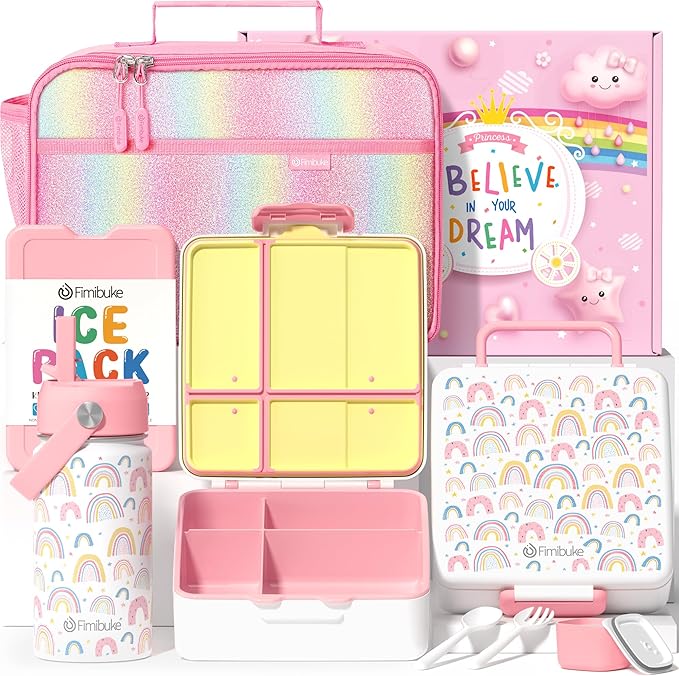 Fimibuke Kids Bento Lunch Box with Toddler Insulated Water Bottle Lunch Bag | Lunch Box Kids with 4 Compartments, Ice Pack & Utensils Set, Birthday Gifts for Ages 3-12 Back to School Toddler Girls Boys