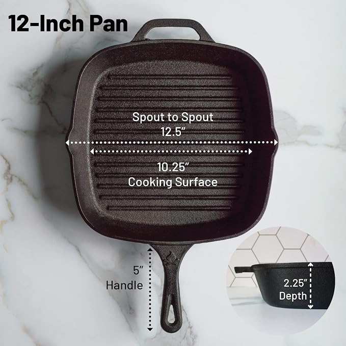 12 Inch Square Grill Pan Large Pre-Seasoned Cast Iron