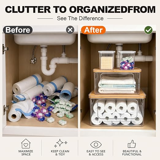 Trash Bag Organizer Under Sink Storage, 4 Piece Stackable Clear Storage Bins with Bamboo Lids, Fits 13/30/33 Gallon Bags, Organizer for Laundry Pods, Dishwasher Pods, Kitchen Pantry