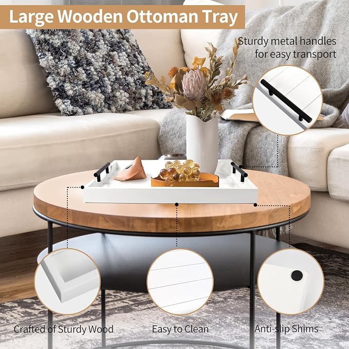 SXNOWS Wood Serving Tray with 2 Sets of Handles,White | Rectangle 16.5x13 Inch Ottoman Decorative Tray Platter for Coffee Table Living Room Bar Breakfast in Bed, 4 Coasters Included