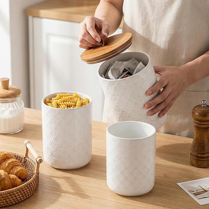 White Ceramic Canisters Set with Airtight Lids, 82/48/30 oz Coffee Canisters Sets for the Kitchen, Large Jars for Flour, Sugar, Pasta, Coffee, Cookies, Tea - Set of 3, Embossed Pattern