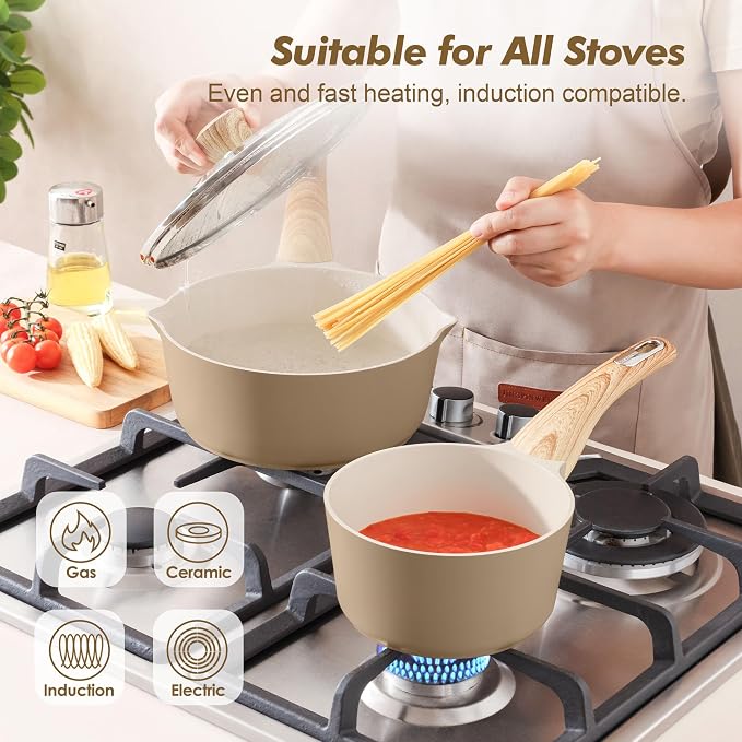 SENSARTE Ceramic Nonstick Sauce Pan with Lid, 2.5 Quart Saucepan with Double Spout, Large Cooking Pot, Non toxic Kitchen Sauce Pot, Non stick Saucier Pan, Induction Cookware, PFOA PTFE PFAS Free