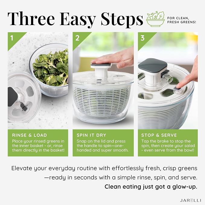 Glass Salad Spinner with Storage Lid, 6 Quart Borosilicate Glass Bowl, Push Button Drying Lid, BPA-Free Draining Basket Doubles as Serving Bowl & Colander, Lettuce, Vegetable, & Fruit Washer