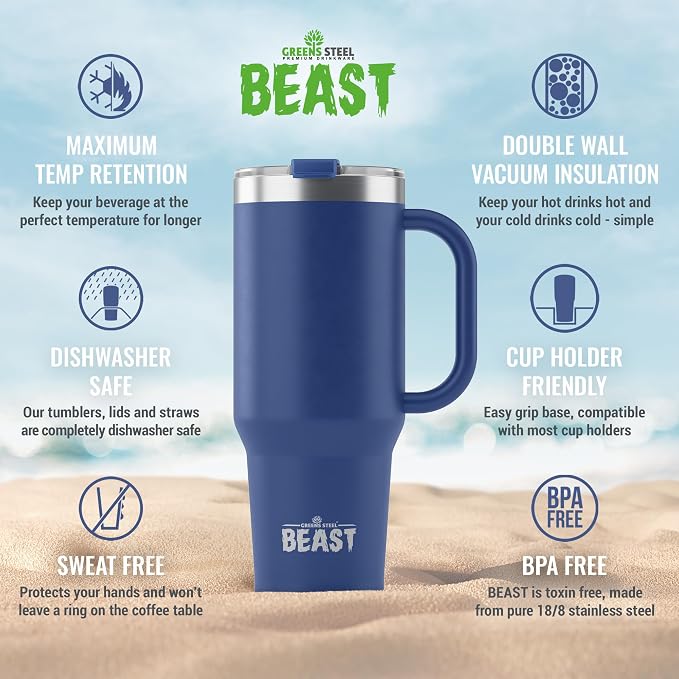 Beast 42 oz Tumbler with Handle Stainless Steel Vacuum Insulated Coffee Ice Cup Double Wall Travel Flask (Royal Blue)