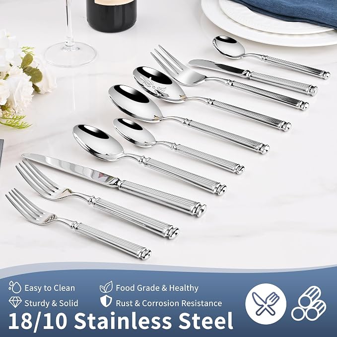 45-Piece 18/10 Heavy Duty Flatware Set for 8, High End Thick Handle Silverware Set, Stainless Steel Flatware Set with Serving Utensil, Extra Thick Heavy Weight, Ideal for Gift