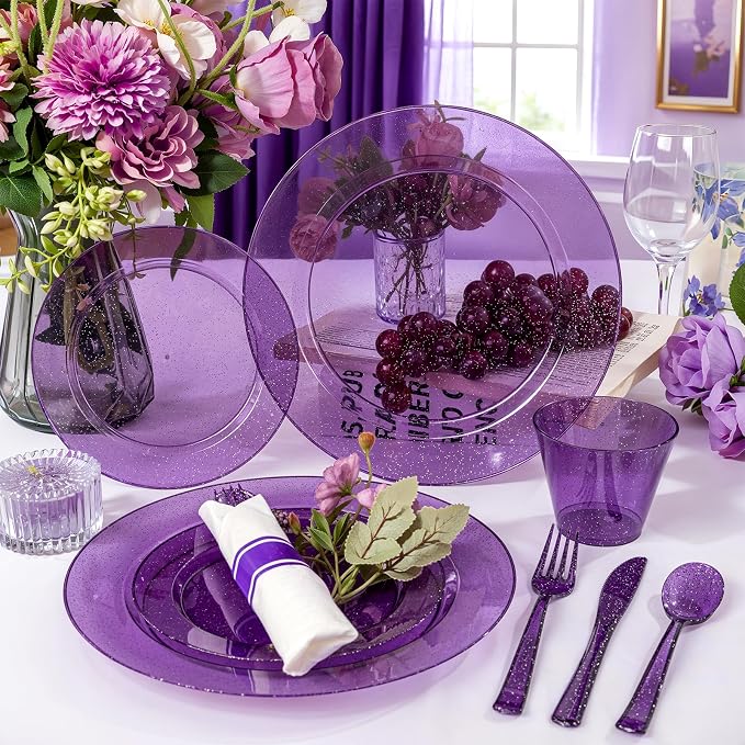 DaYammi 350 Pieces Purple Glitter Dinnerware Set 50 Guest for Party- 50 Dinner Plates, 50 Dessert Plates -50 Per Rolled Napkins with Purple Cutlery - 50 Disposable Cups 9 OZ
