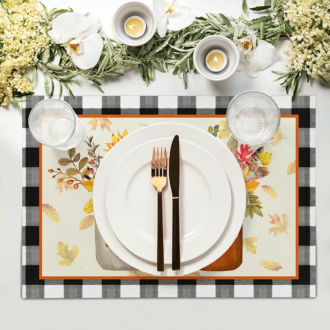 Fall Sunflower and Pumpkin Placemats Set of 6 18x12 Inch Autumn Flower Leaf Linen Place Mats Heat-Resistant Washable Wipeable Buffalo Check Plaid Table Mat for Party Kitchen Dining Room Dinner Decor