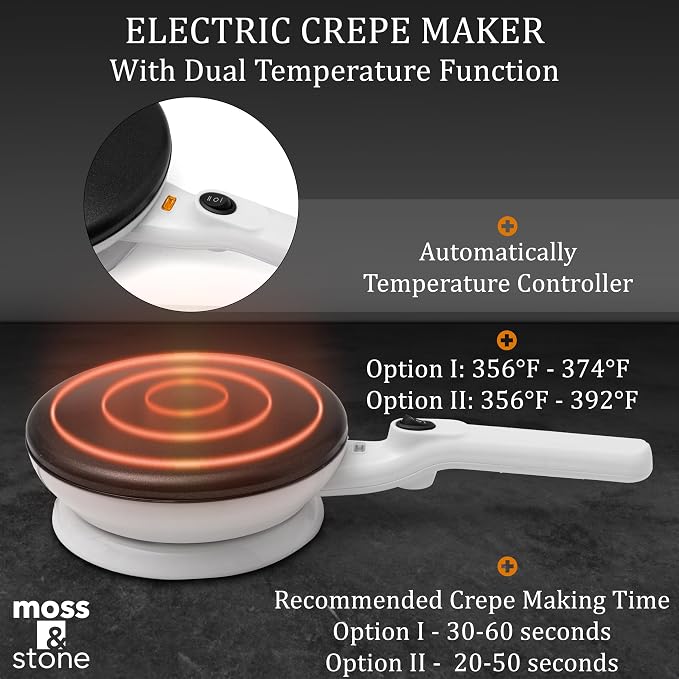 Moss & Stone Cordless Electric Crepe Maker, 8" Portable Nonstick Crepe Pan | Nonstick dipping plate, auto shut-off, on/off switch, even heating, dual temperature setting, compact design
