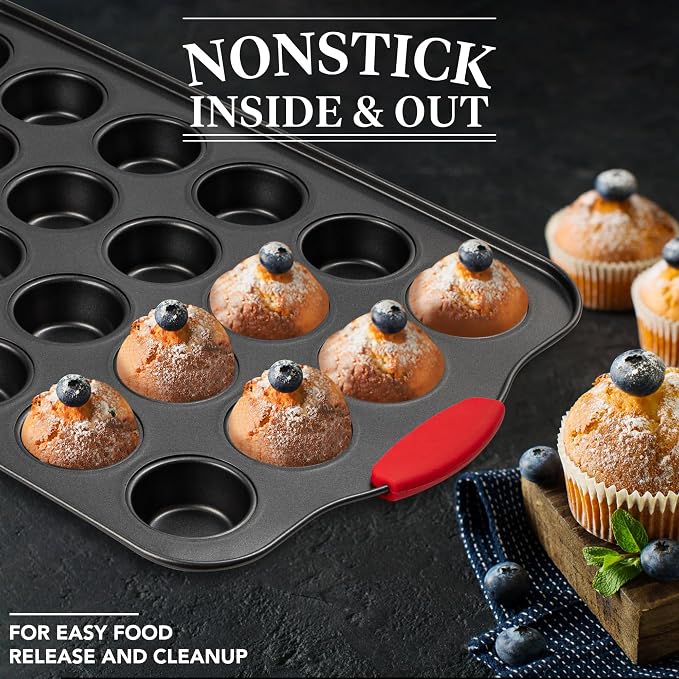 Tiawudi Mini Muffin Pan, 24 Cavity Cupcake Pan, Nonstick Baking Pan, Heavy Duty Small Muffin Tin with Silicone Grip Handles