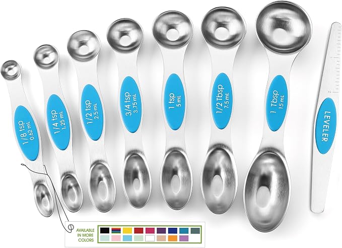 Spring Chef Stainless Steel 8 Magnetic Measuring Spoons for Kitchen, Teal | Dual Sided Metal Teaspoon & Tablespoon Measuring Spoons with Leveler for Dry & Liquid Ingredients, Stackable, Dishwasher Safe