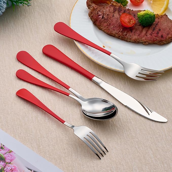 20-Piece Red Silverware Set 18/0 Stainless Steel Silverware Set Red Handle Cutlery Set Service for 4 Dinner Knives Forks Spoons Set Flatware Set Finish Dishwasher Safe