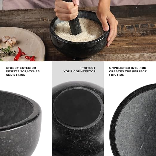 Granite Mortar and Pestle Set, 8" Extra Large Grinder Bowl for Guacamole, Salsa, Pill Crusher, Spice, Herb, Garlic, Nut, Heavy Duty Grinder for Kitchen