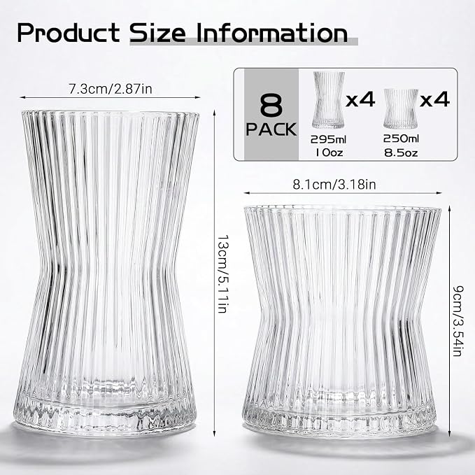 JOVGANK Drinking Glasses Set of 8 – Lead-Free Crystal Glassware, 4 Tall 10oz & 4 Short 8.5oz Vintage Ribbed Tumbler Glasses, Dishwasher Safe, for Juice Beer Cocktails, Great Housewarming Gift, Set B