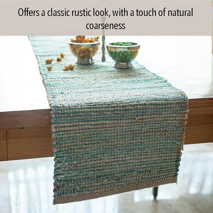 Natural Jute Table Runner 13x108 Inch – Vintage Boho Rustic Table Decor – Handwoven Long Table Runner in Natural Jute and Aqua Turquoise – Farmhouse Dining or Console Table Accent