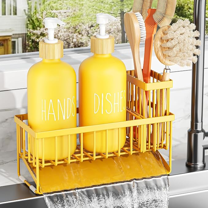Cisily Kitchen Dish Soap Dispenser Set with 2 Pack 16.9oz Amber Glass Bottle and Sponge Holder, Dish Soap Dispensers with Adjustable Sponge Holder, Vintage Hand and Dish Soap Dispensers Set