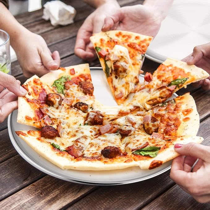 P&P CHEF Pizza Pan Set of 2, 12 Inch Stainless Steel Pizza Tray, Silver | 2 Pieces Round Pizzas Plate for Pie Cookie Cake, Good For Baking Cooking Roasting, Non Toxic & Heavy Duty, Dishwasher Safe
