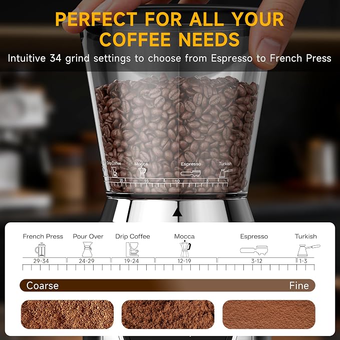 Conical Burr Coffee Grinder with 40mm Stainless Steel Burr, 34 Grind Settings & Anti-Static, Electric Espresso Grinder for Home Use –Perfect for Espresso, Drip Coffee, French Press & Cold Brew, Silver