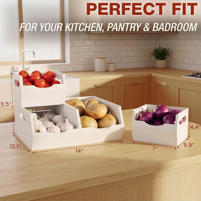HOMESTEAD Stackable Solid Wood Storage Bins for Kitchen Pantry & Countertop, Ventilated Potato and Onion Basket Organizer with Handles, Wooden Produce Storage Containers, 3-Pack, White