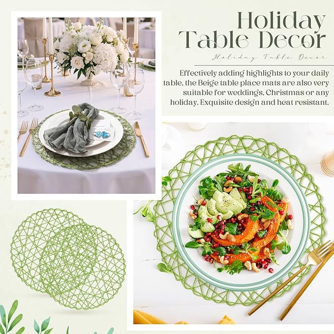 Geosar Round Woven Placemats Bulk Rustic Paper Braided Placemats Boho Natural Non Slip Heat Resistant Table Mats for Wedding Party, Dinner Table Centerpiece Decoration, 13 Inch (Green,24 Pcs)
