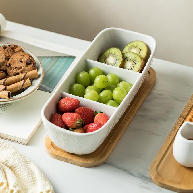Miamolo Chip and Dip Set Bowl with Divided Serving Tray, Hosting Essentials | Acacia Wood Tray, Ceramic Serving Bowls | Condiment Tray for Dipping Sauces, Party | Kitchen Counter Decor, Microwave Safe